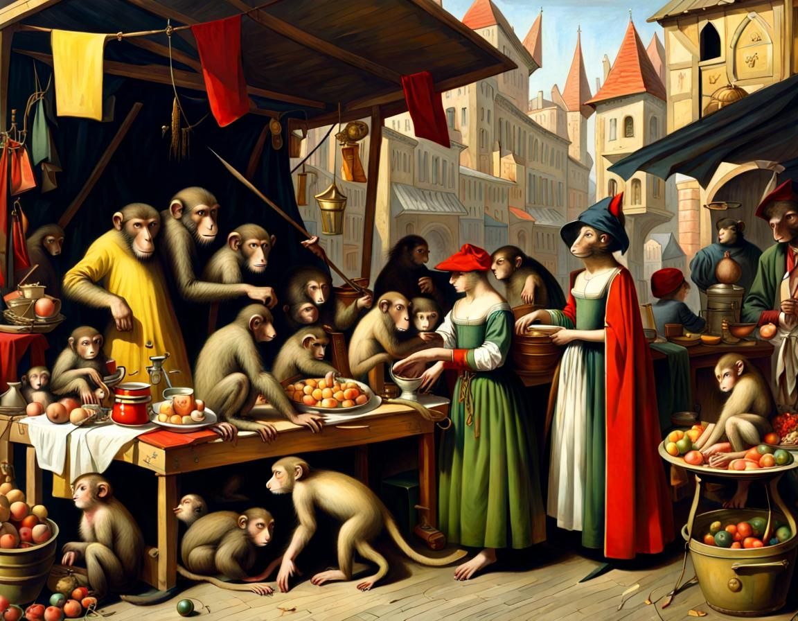 Medieval Market Scene with Monkeys and Magicians