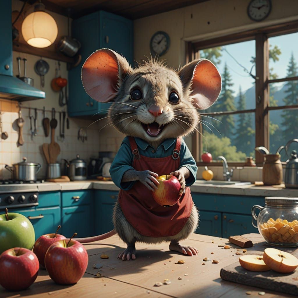 Joyful Mouse Savoring Apple in Whimsical Scene