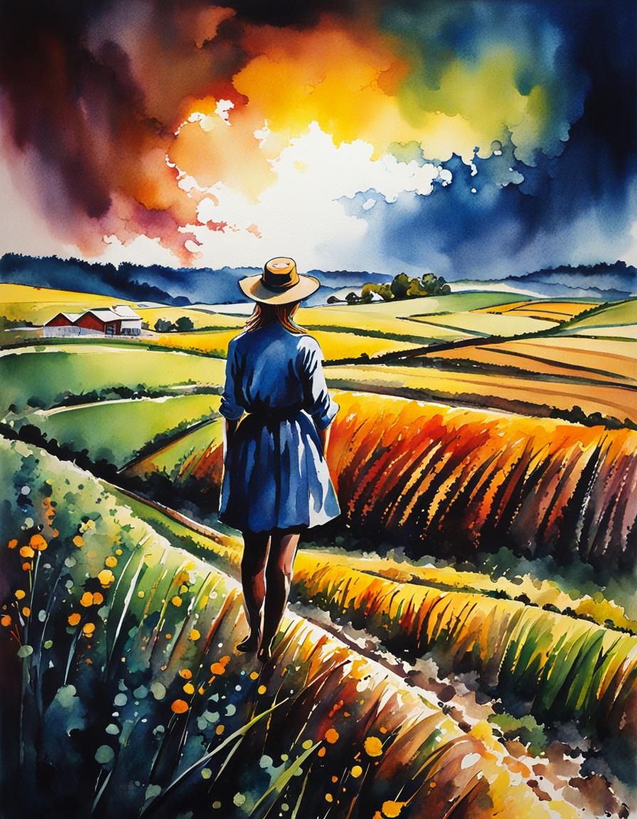 Farmer Overlooking Fields in Expressionist Watercolor Style