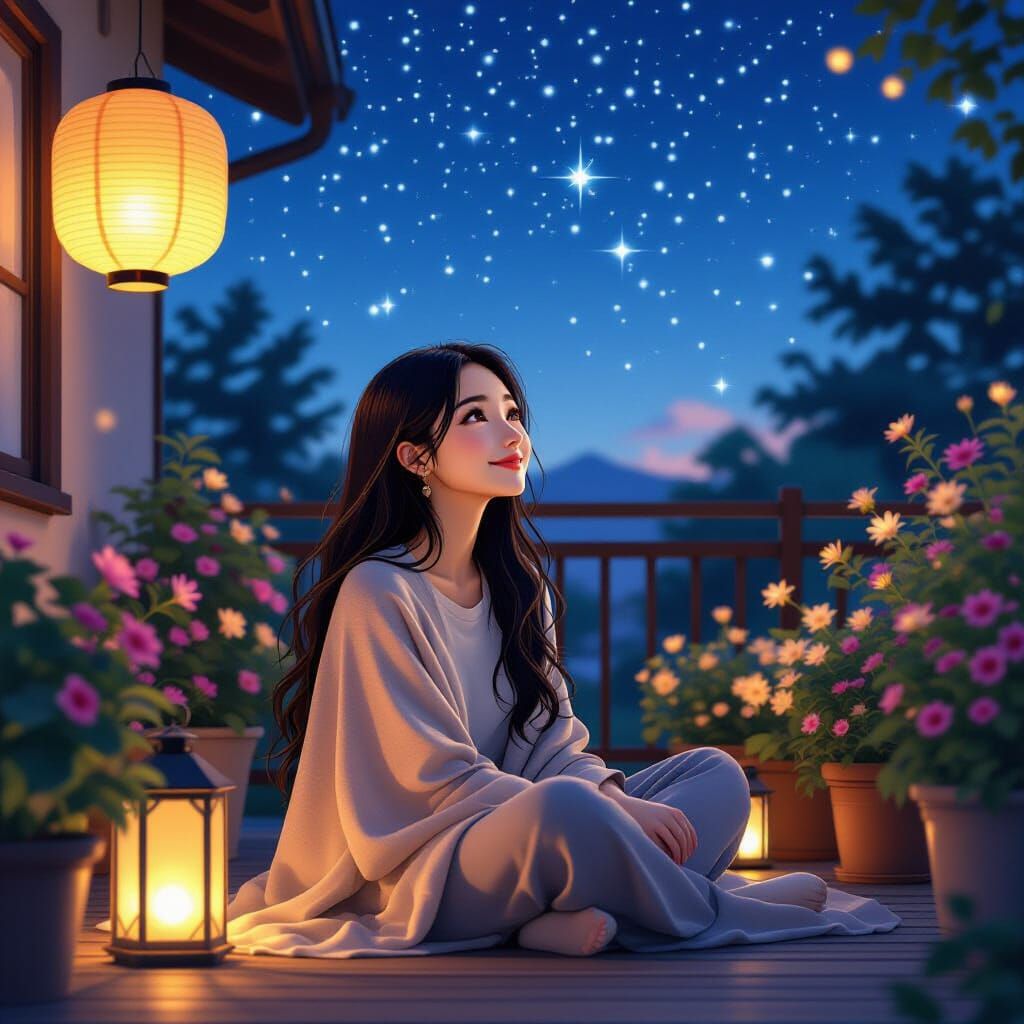 Starry Night Serenity: Asian Woman in Backyard