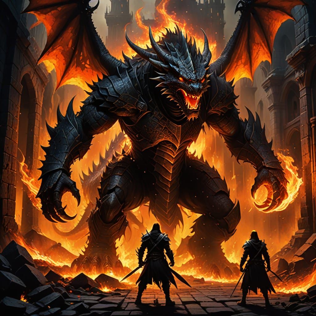 Surreal Warrior Escapes Blazing Inferno in Dark Fantasy Art