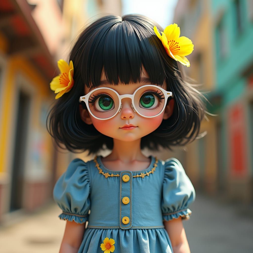Hyper-Realistic Portrait of Girl with Flowers and Glasses