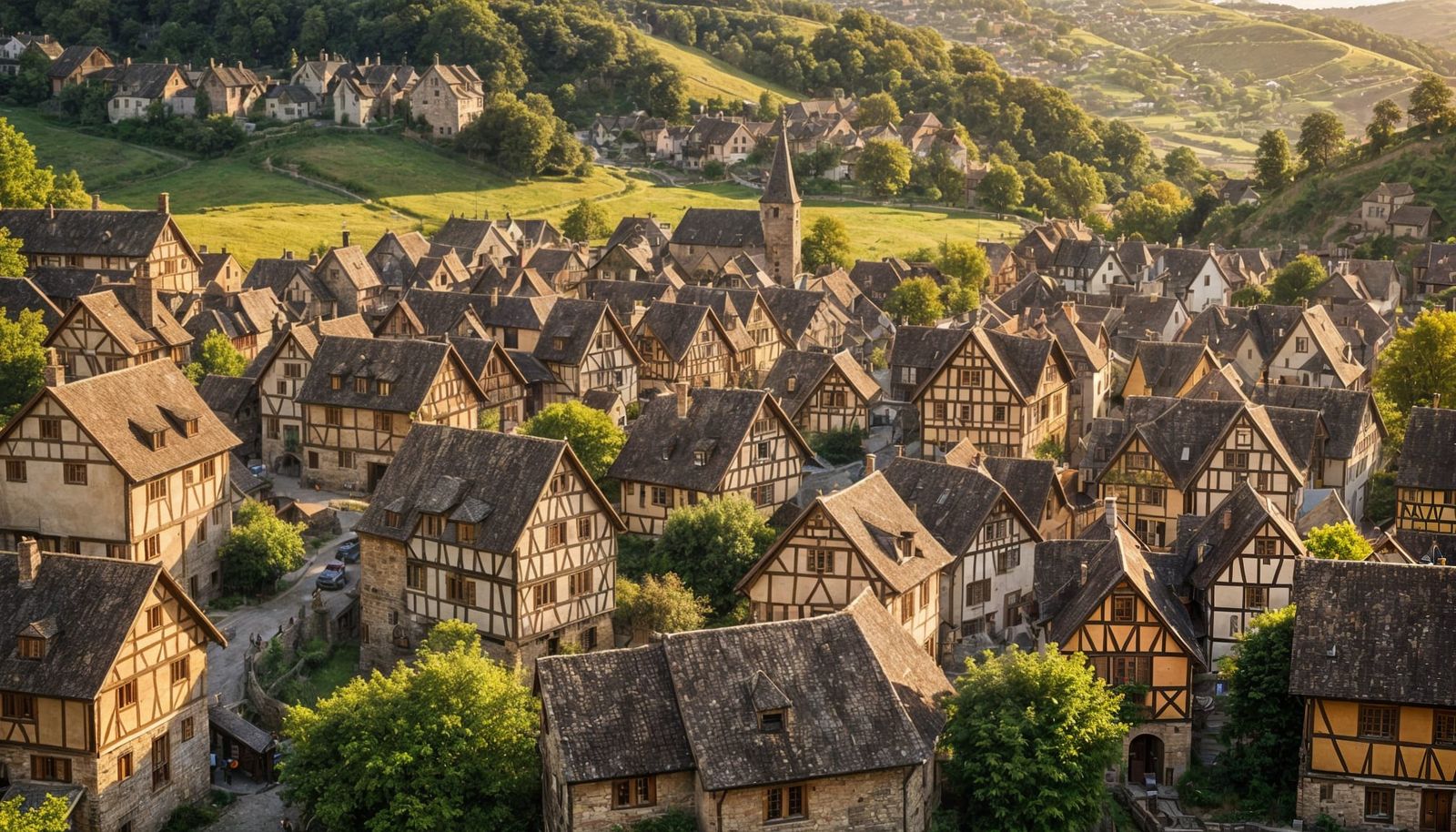 Medieval Village with Stone and Half-Timbered Houses