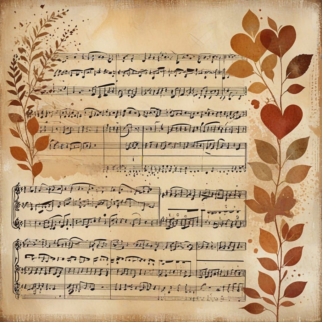Antique Music Sheet Background with Autumn Watercolor Washes