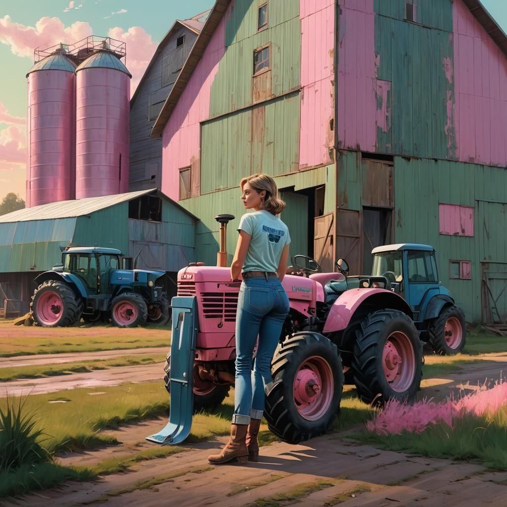 Woman by Pink Tractor: Detailed Matte Painting