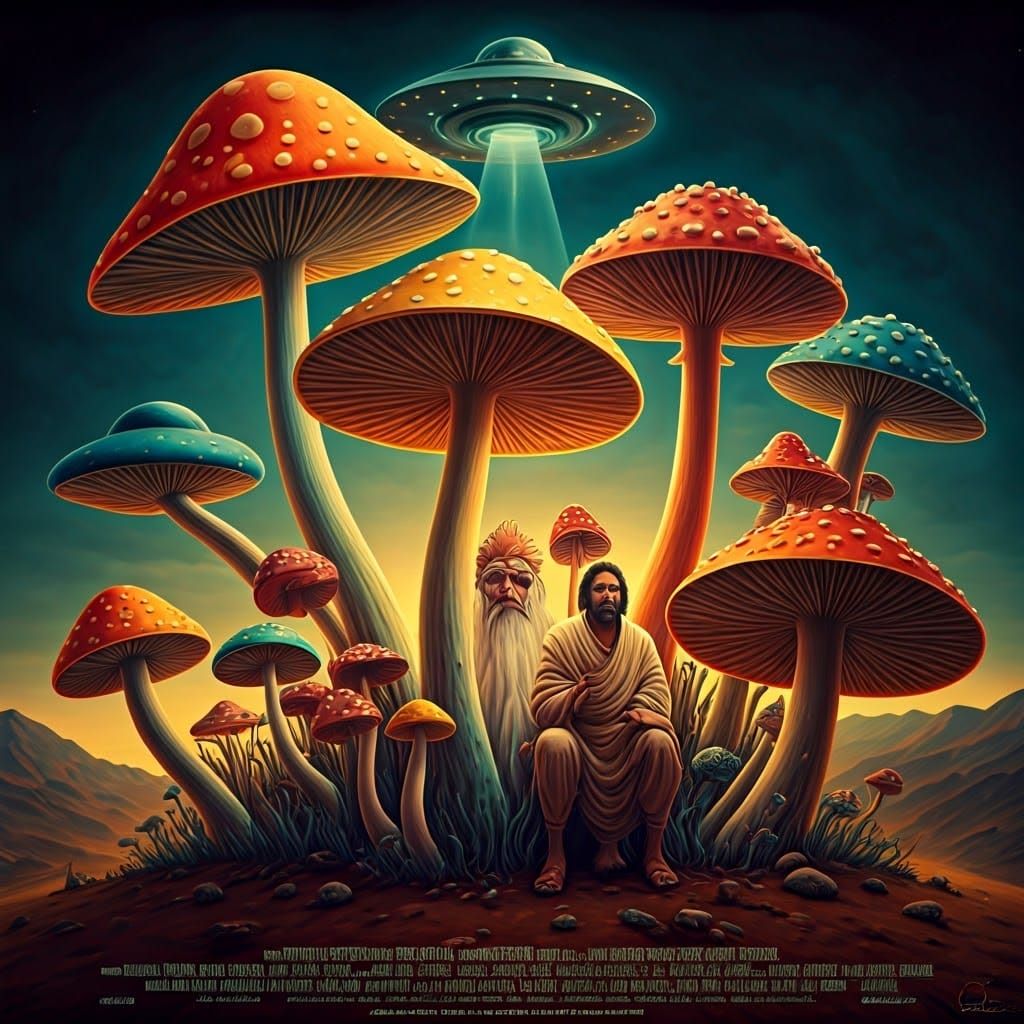Psychedelic Surrealist Movie Poster with Mushrooms and UFO