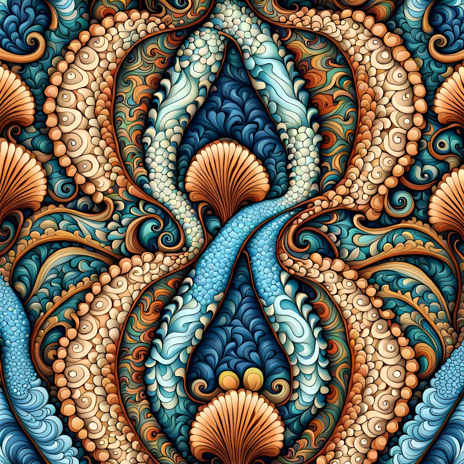 Symmetrical Paisley Pattern with Seahorse and Seashells