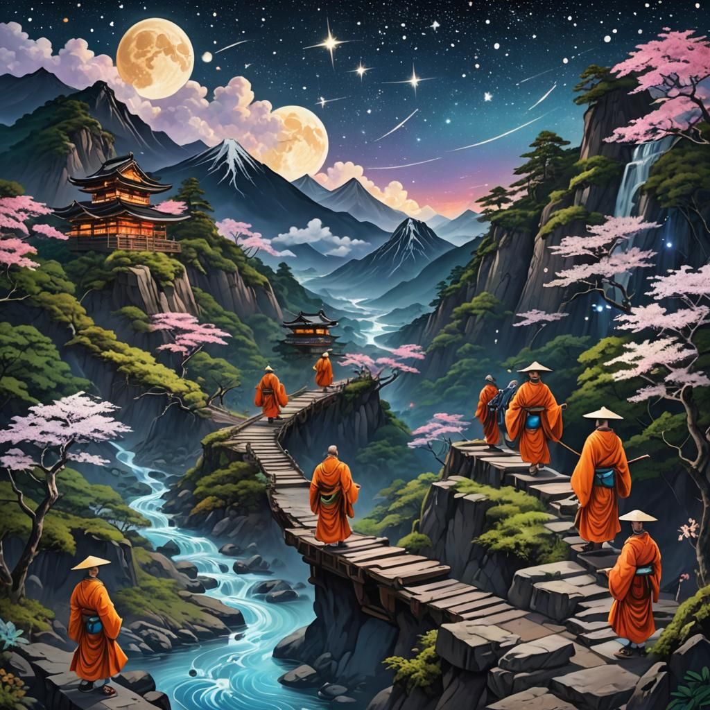 Japanese Travelers on Mountain Trail, Astral Illustration