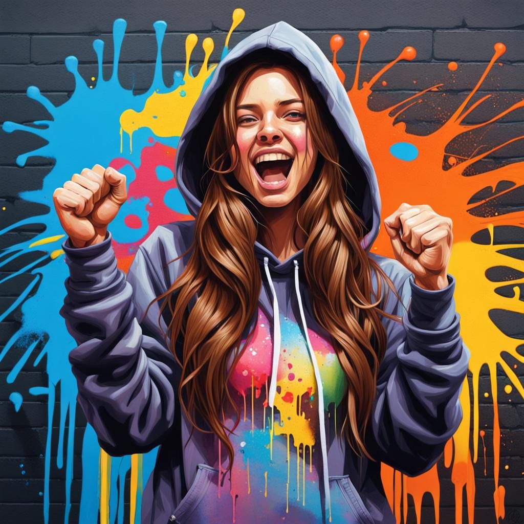 Excited Girl with Hoodie in Graffiti Art Style