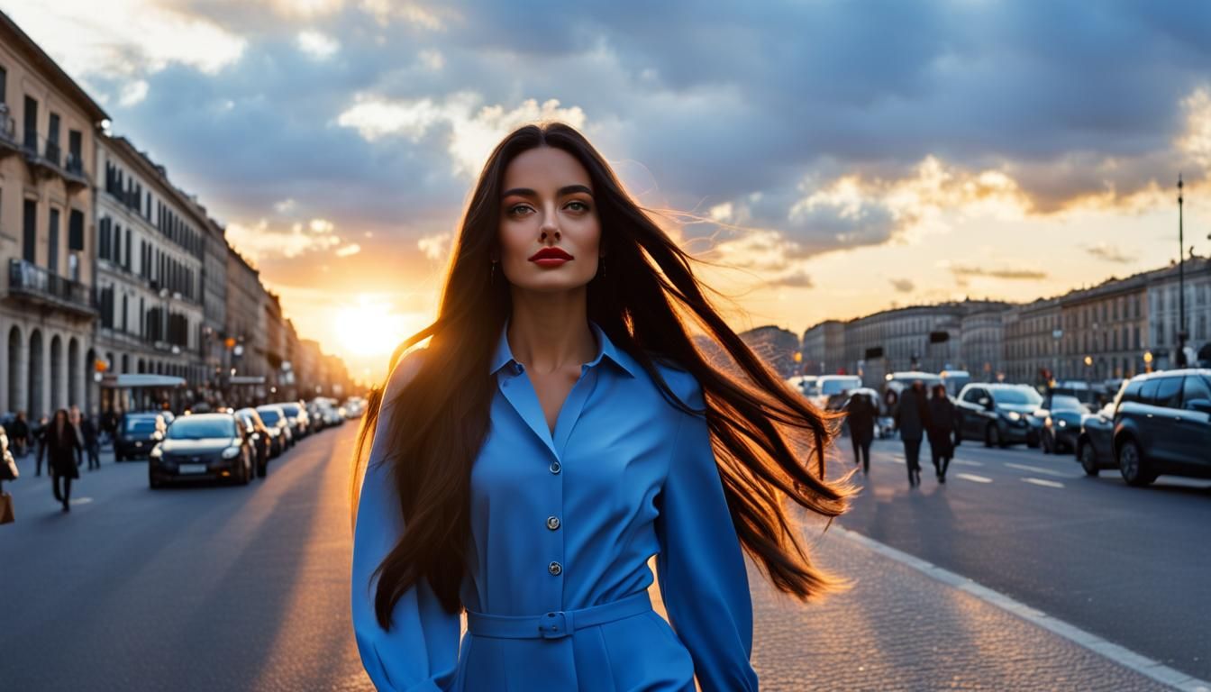 Beautiful Italian Woman Strolling at Sunset: Photorealistic