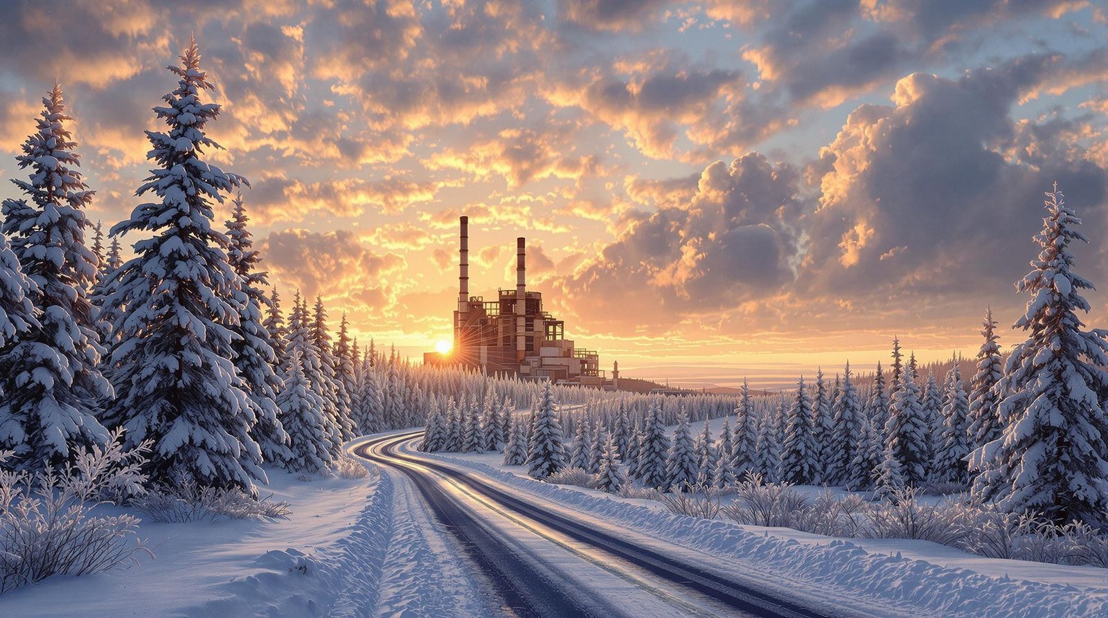 Winter Landscape Under Golden Sunset in Cyberpunk Digital Ar...