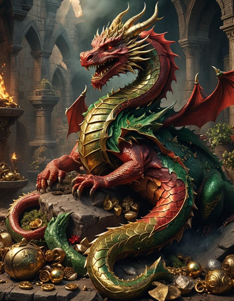 Medieval Dragon Asleep on Treasure Pile