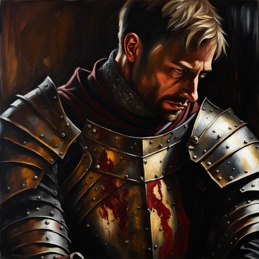 Gothic Oil Painting of Knight Equipping Armor