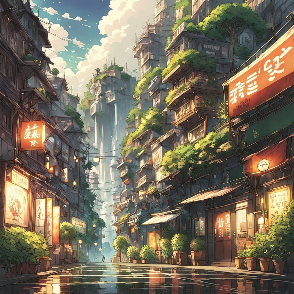 Futuristic Cityscape with Lush Gardens and Waterfalls in Ani...