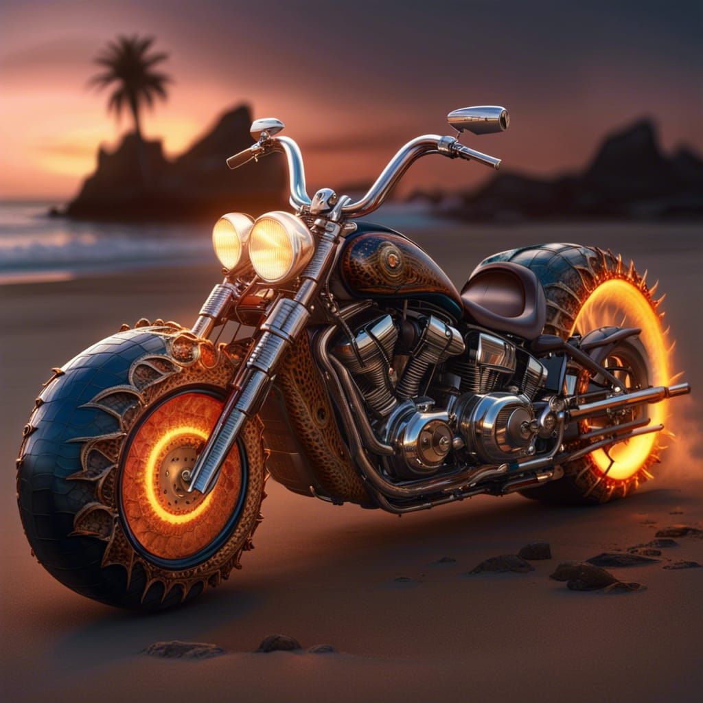 Crocodile Motorcycle on the Beach: Retrowave Concept Art