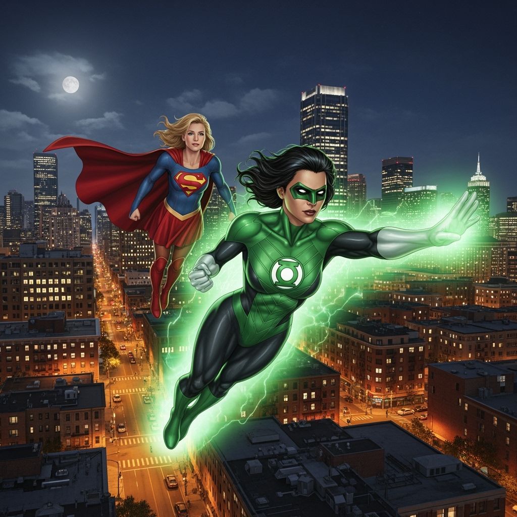 Green Lantern and Supergirl Soaring Over City