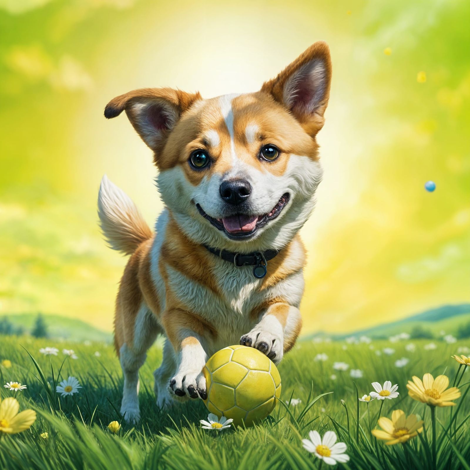 Cute Canaan Dog Plays in Colorful Meadow