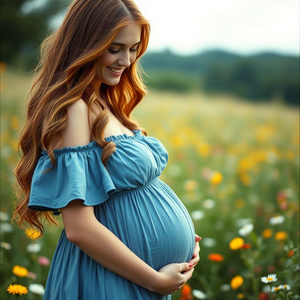 Smiling Pregnant Woman in Wildflower Field