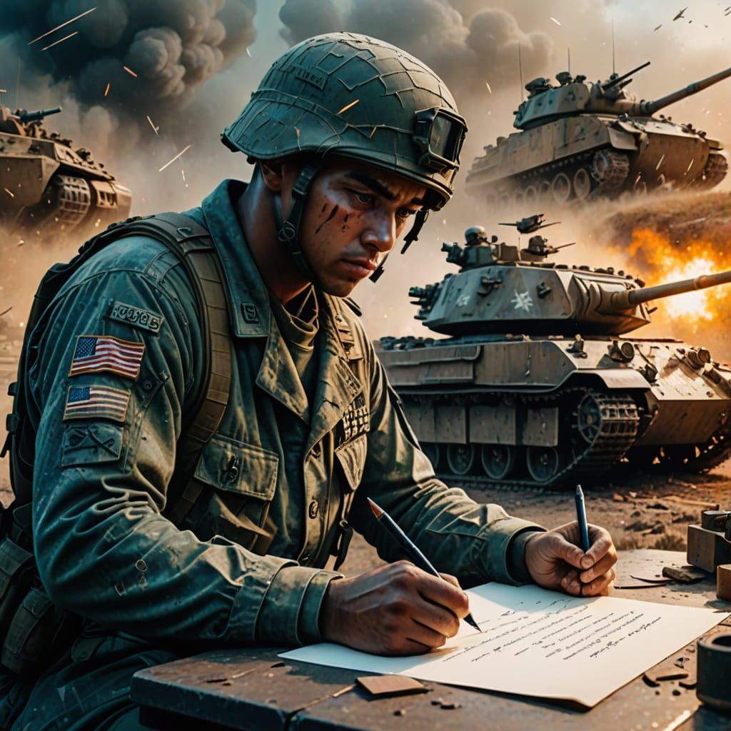 Ethereal Soldier's Letter in a Tank-Scarred Landscape
