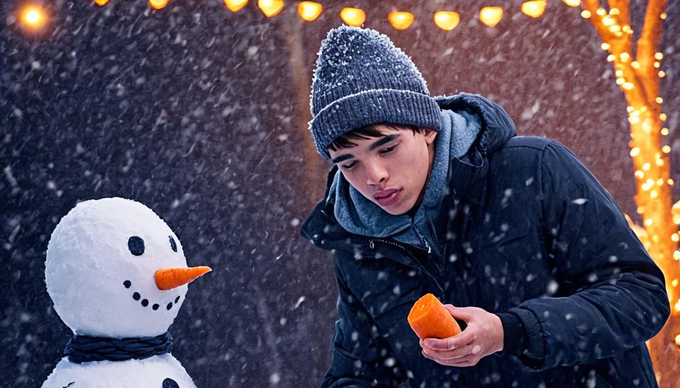 Man Places Carrot on Snowman in Winter Scene