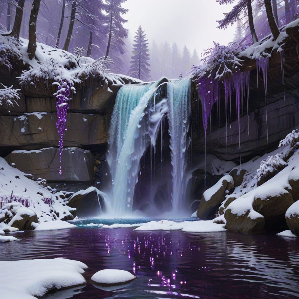 Waterfall with Purple Crystal Musical Notes and Snow