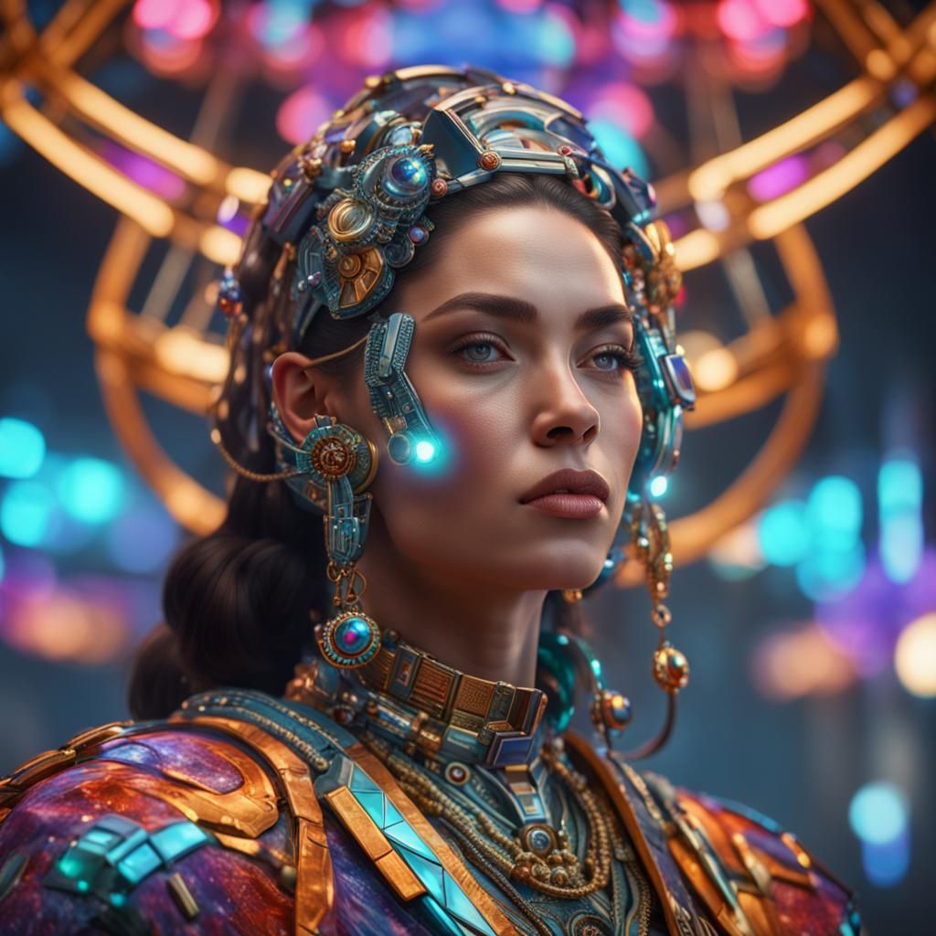 Beautiful Gemini Woman in Futuristic Apparel