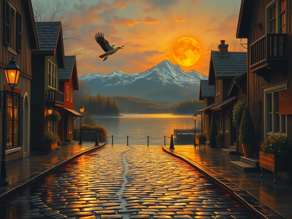 Oil Painting of Glowing Village Street at Twilight