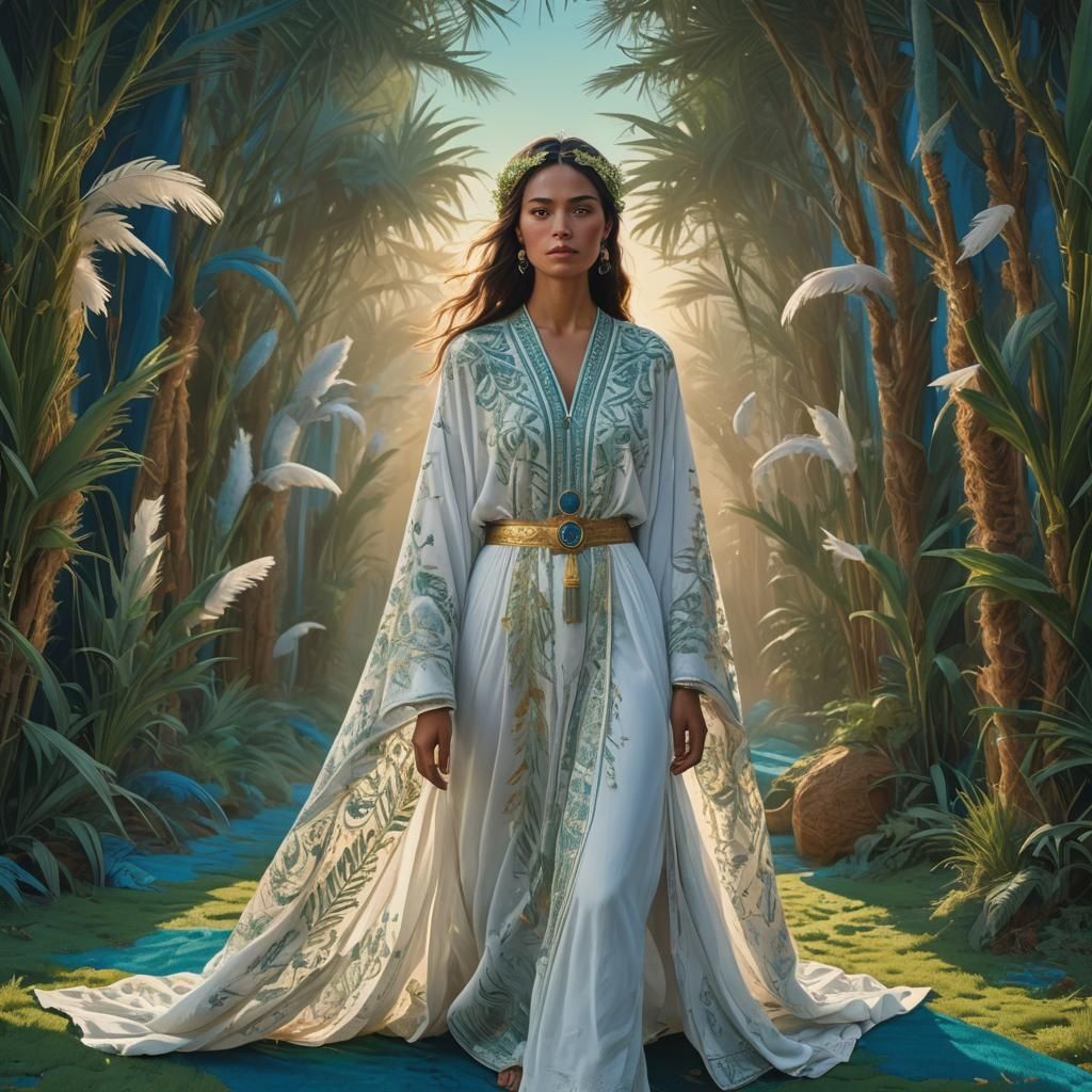 Ethereal Woman in Moroccan Caftan with Feathers