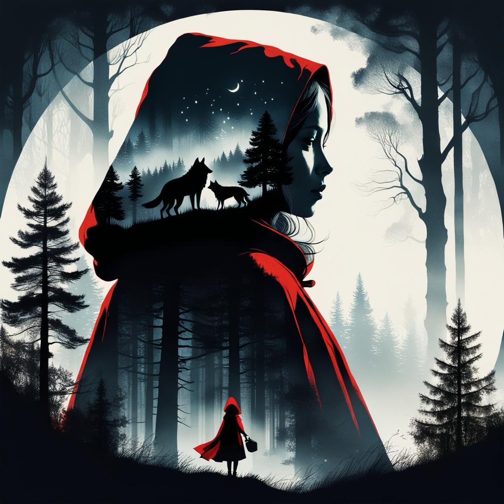 Red Riding Hood Silhouette Double Exposure in Painterly Styl...