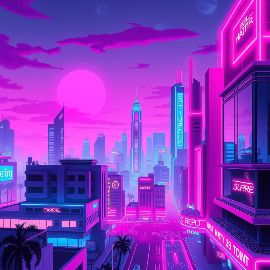 Neon Cityscape at Dusk in Synthwave Style