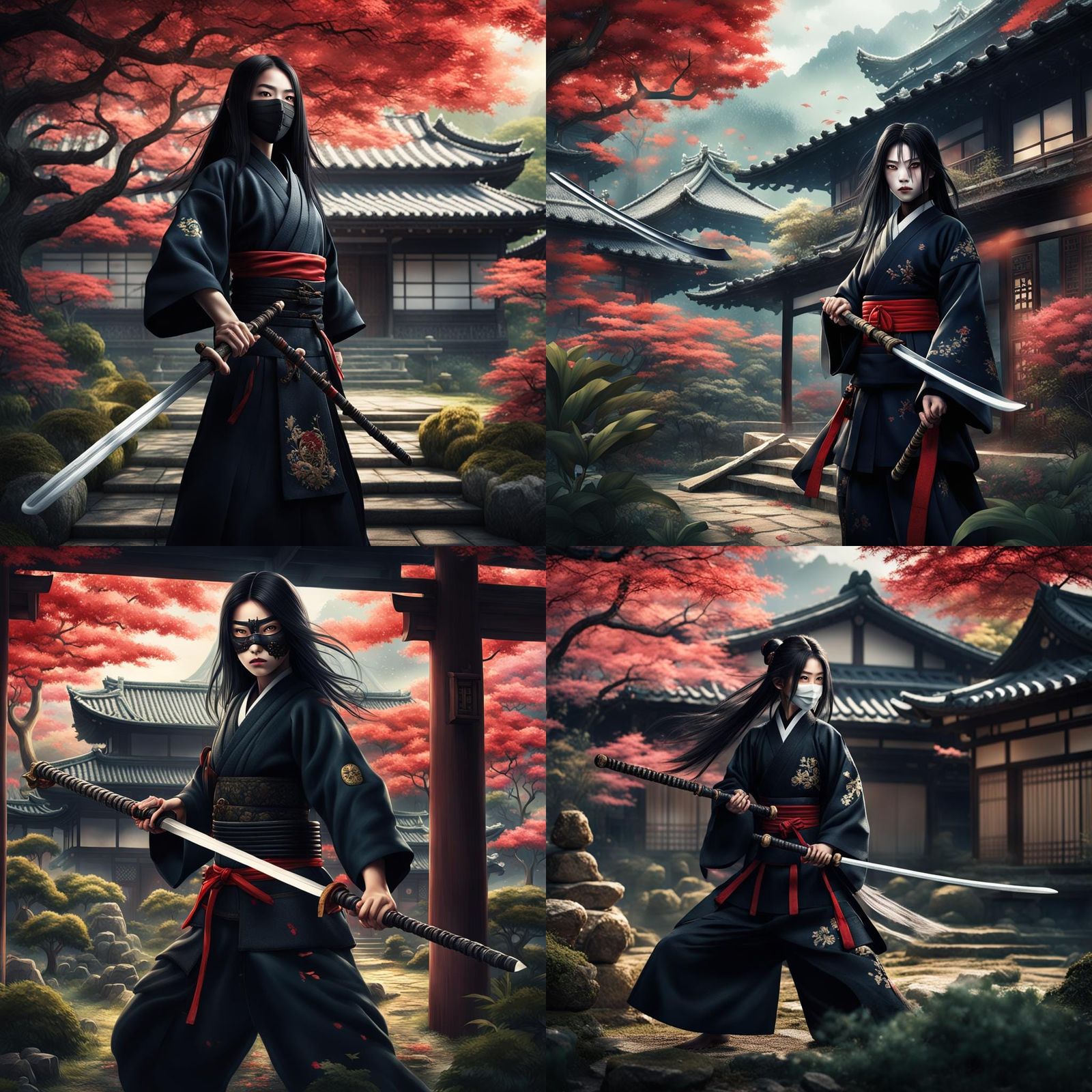 Samurai Girl in Japanese Garden, Detailed Matte Painting