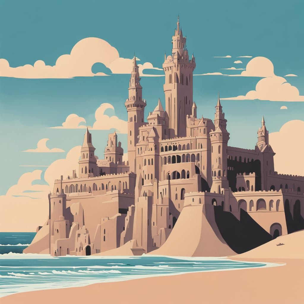 Elaborate Sandcastle on the Beach in 1920s Style