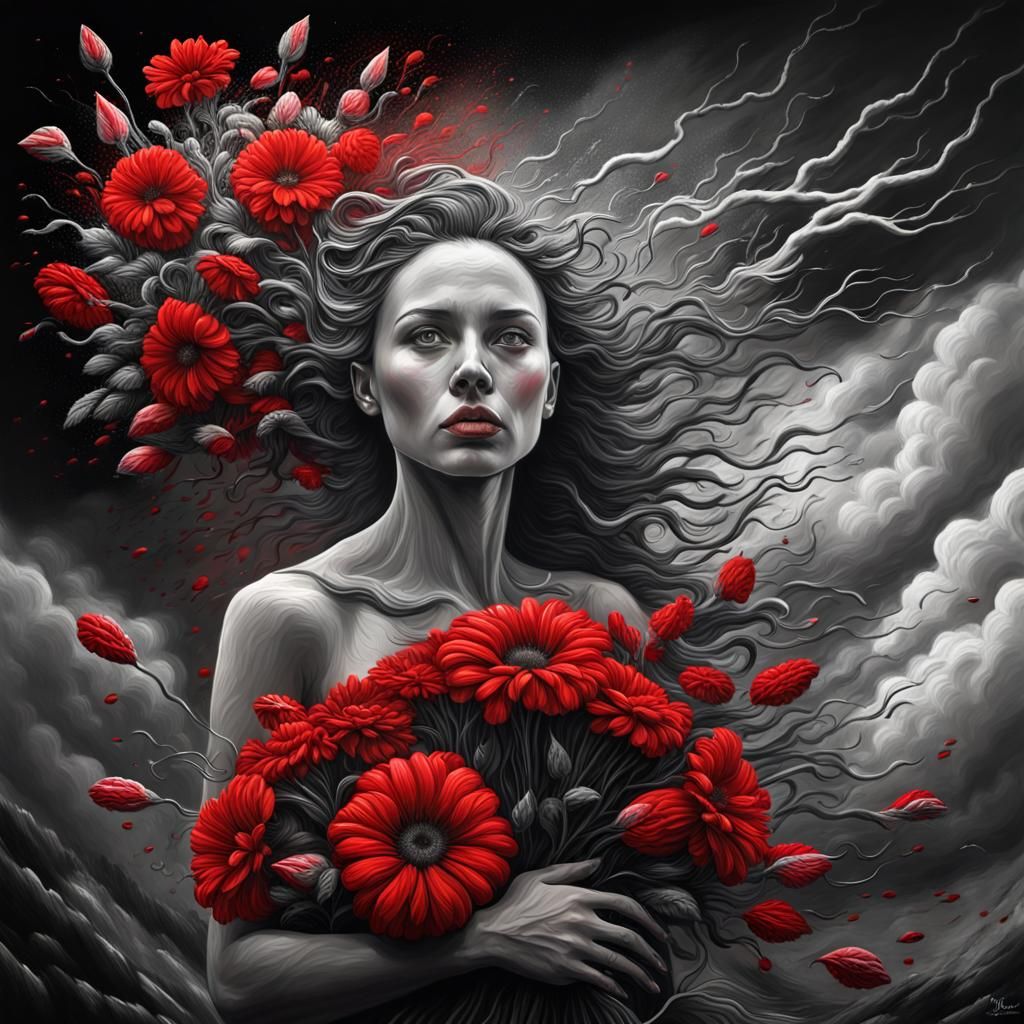 Monochrome Woman with Vivid Red Flowers