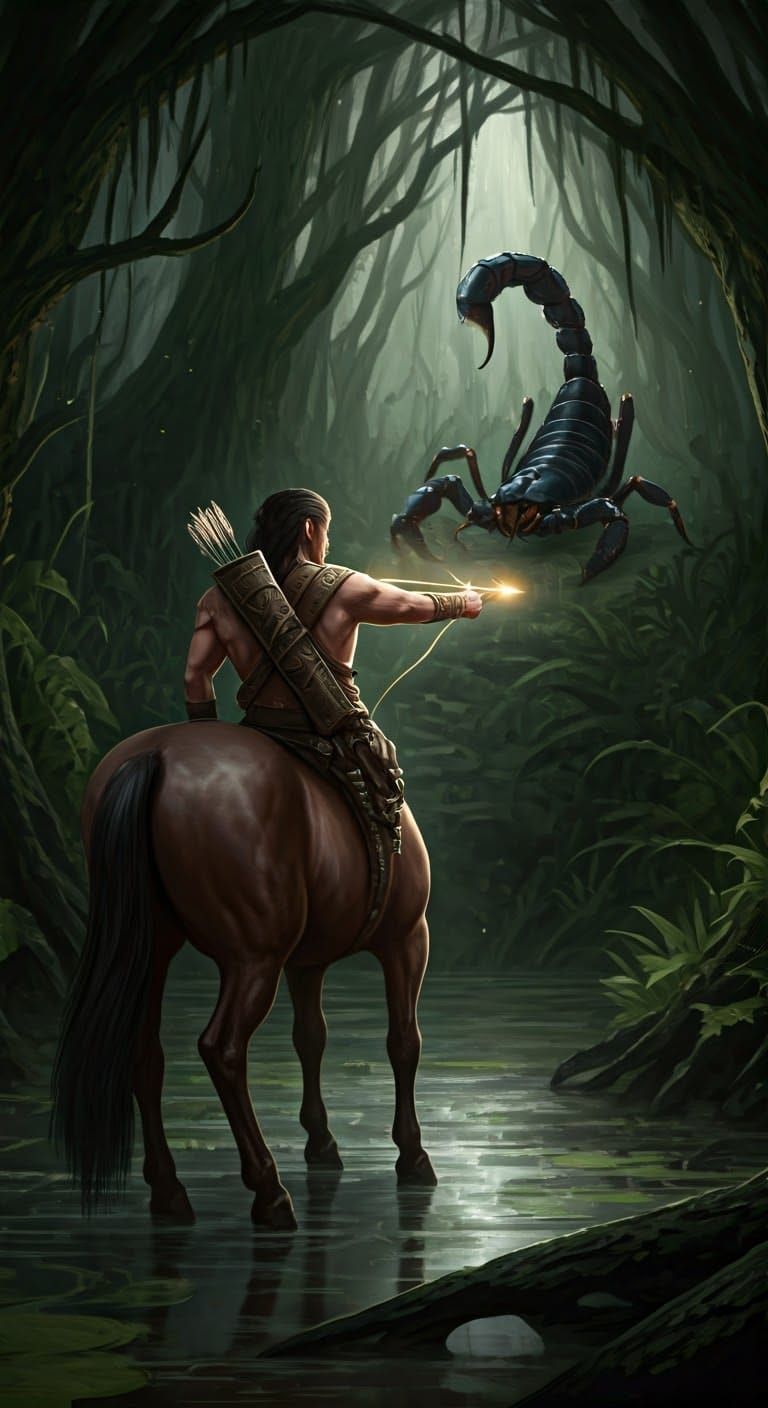 Centaur Archer vs. Giant Scorpion in Dark Swamp