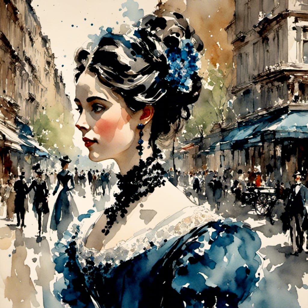 Victorian Woman on Fifth Avenue: Watercolor Painting