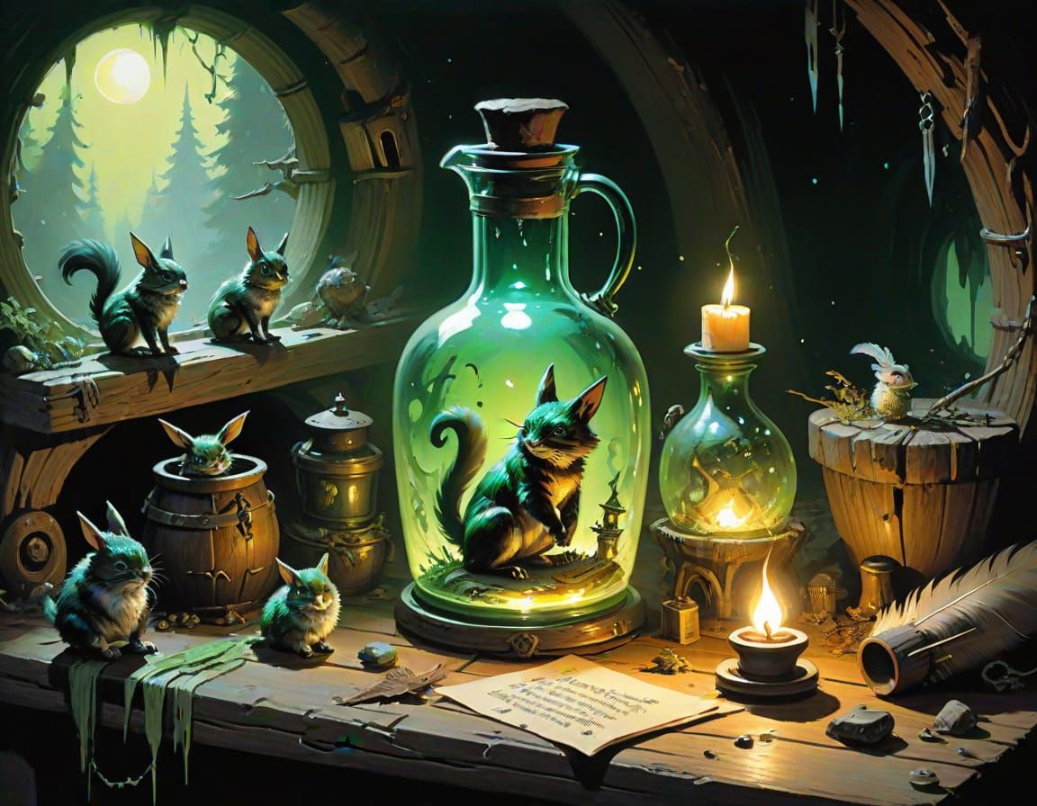 Magical Potion Bottle in Witch's Hut, Fantasy Oil Painting