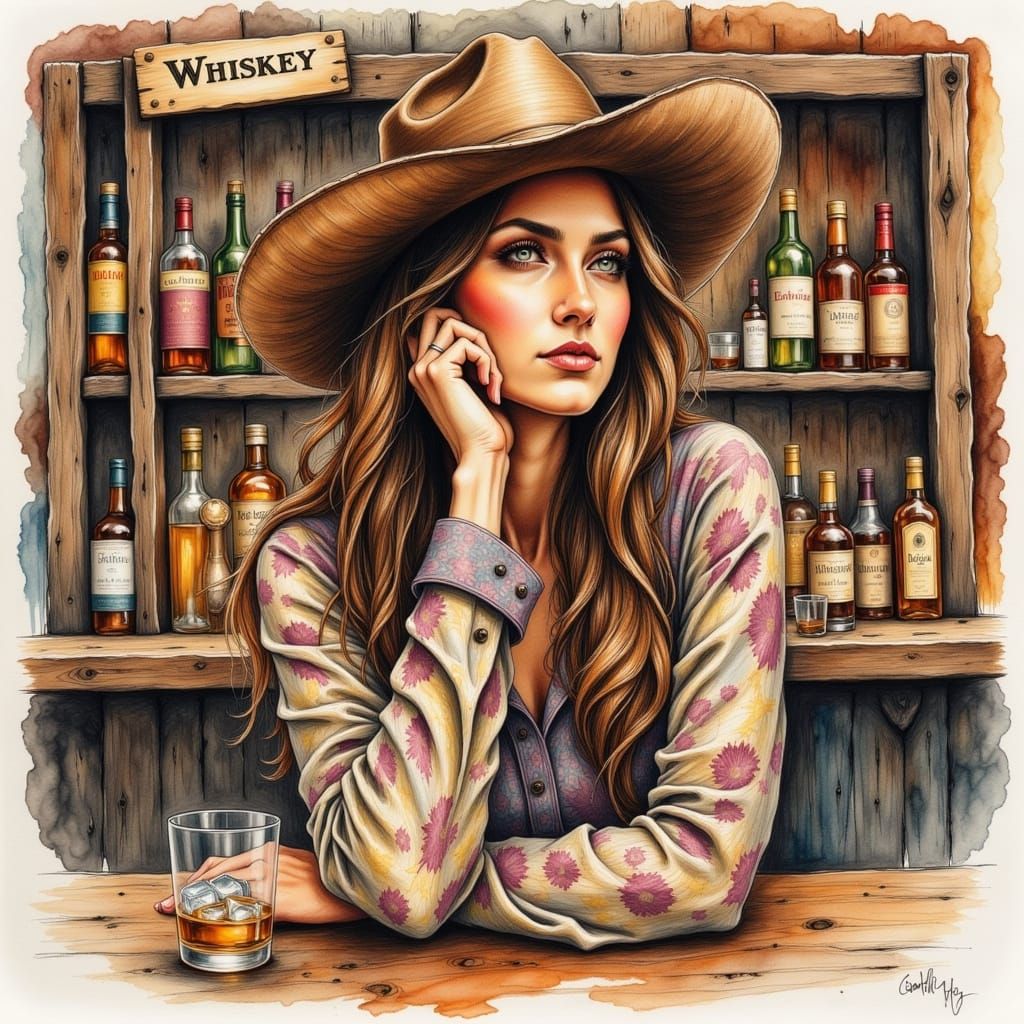 Contemplative Woman at Bar in Colored Pencil Style