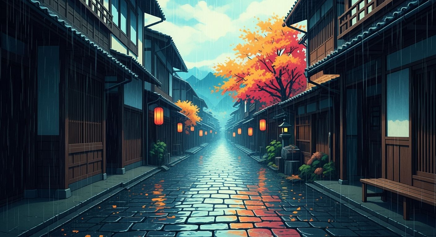 Rainy Japanese Street: Post-Impressionist Watercolor