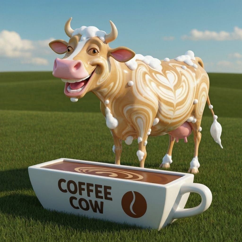 Surreal 3D Latte Art Cow in Frothy Field