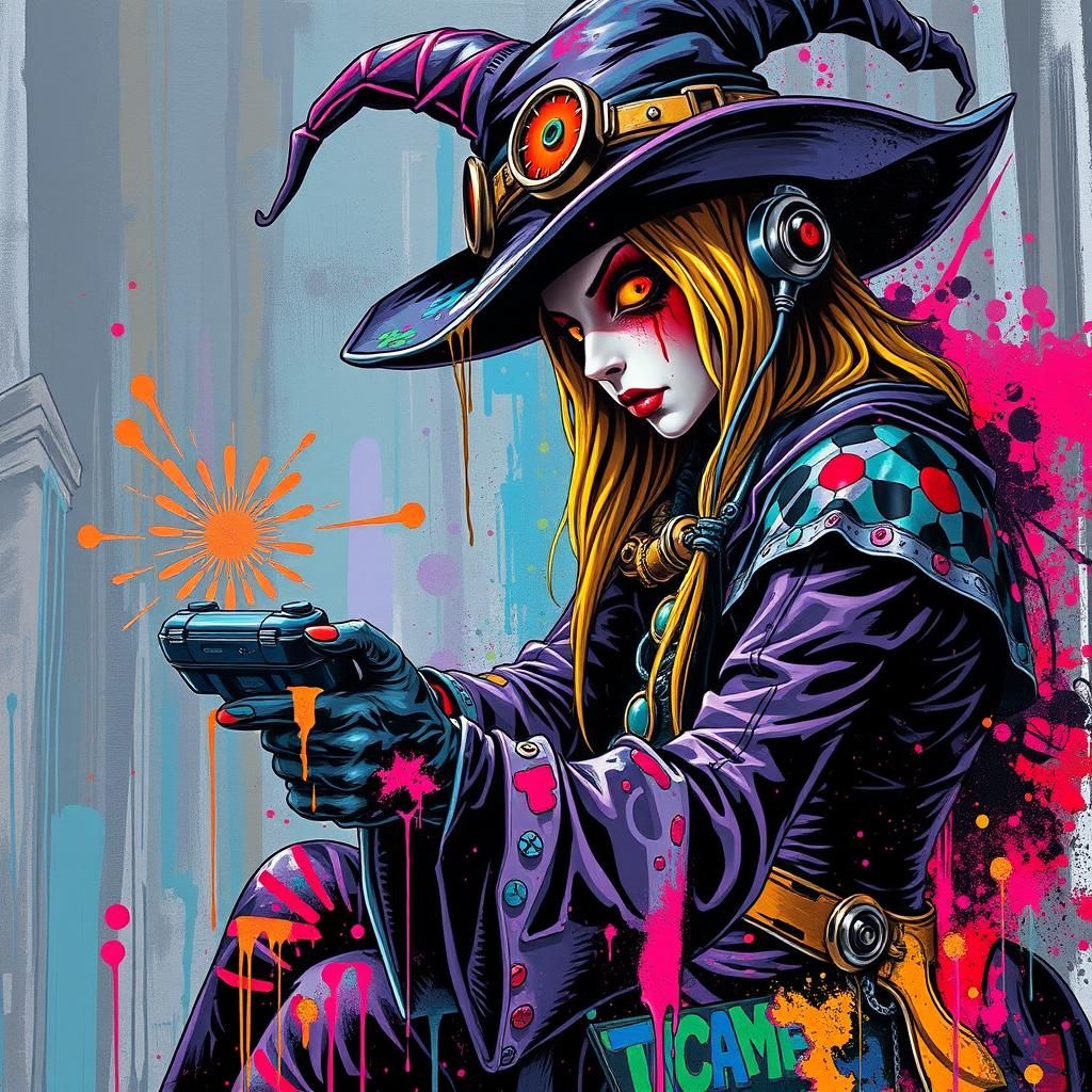 Steampunk Witch Plays Video Games in Graffiti Art Style