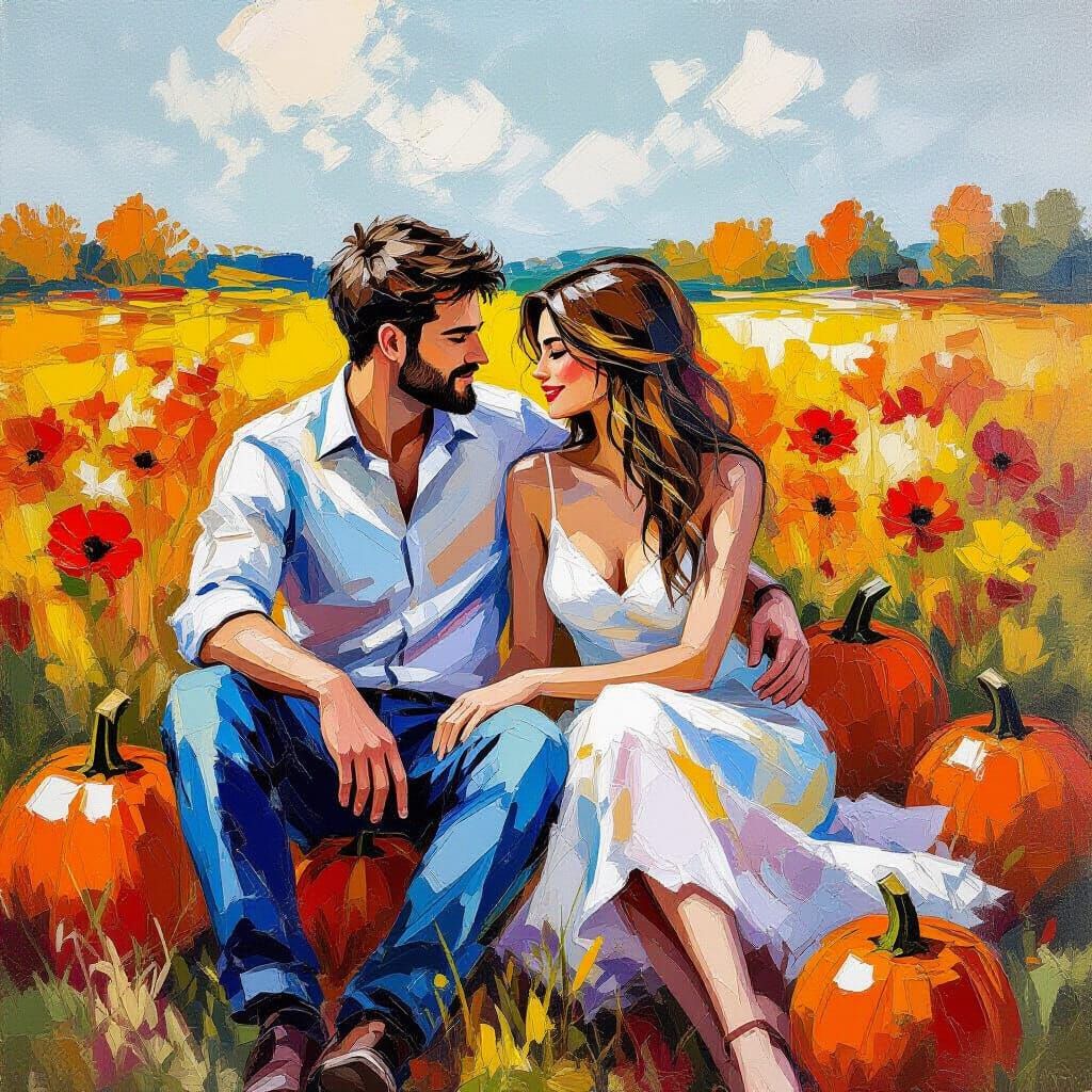 Couple in Pumpkin Patch Neo-Impressionist Oil Painting