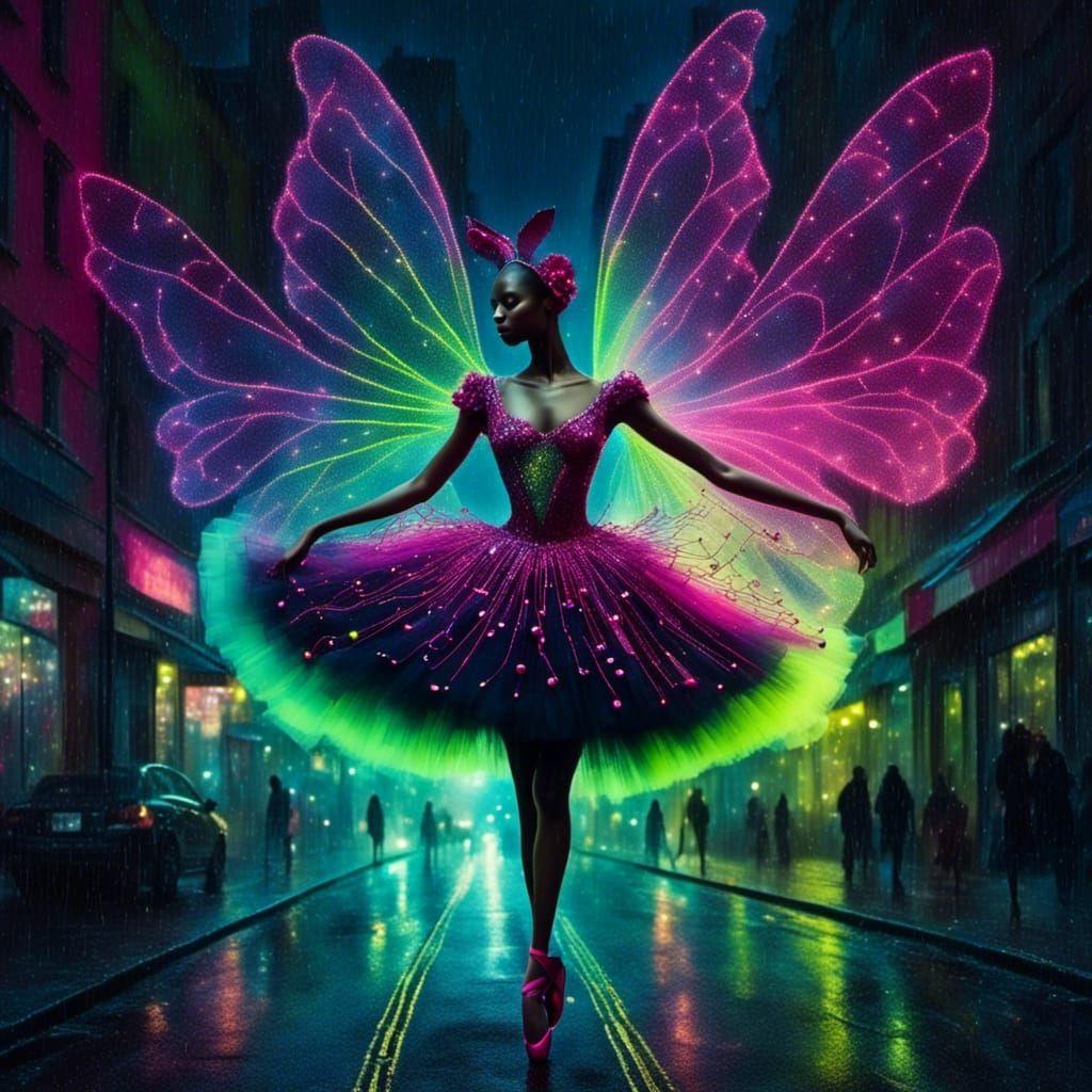 Cat Ballerina Dances in City Street, Digital Art
