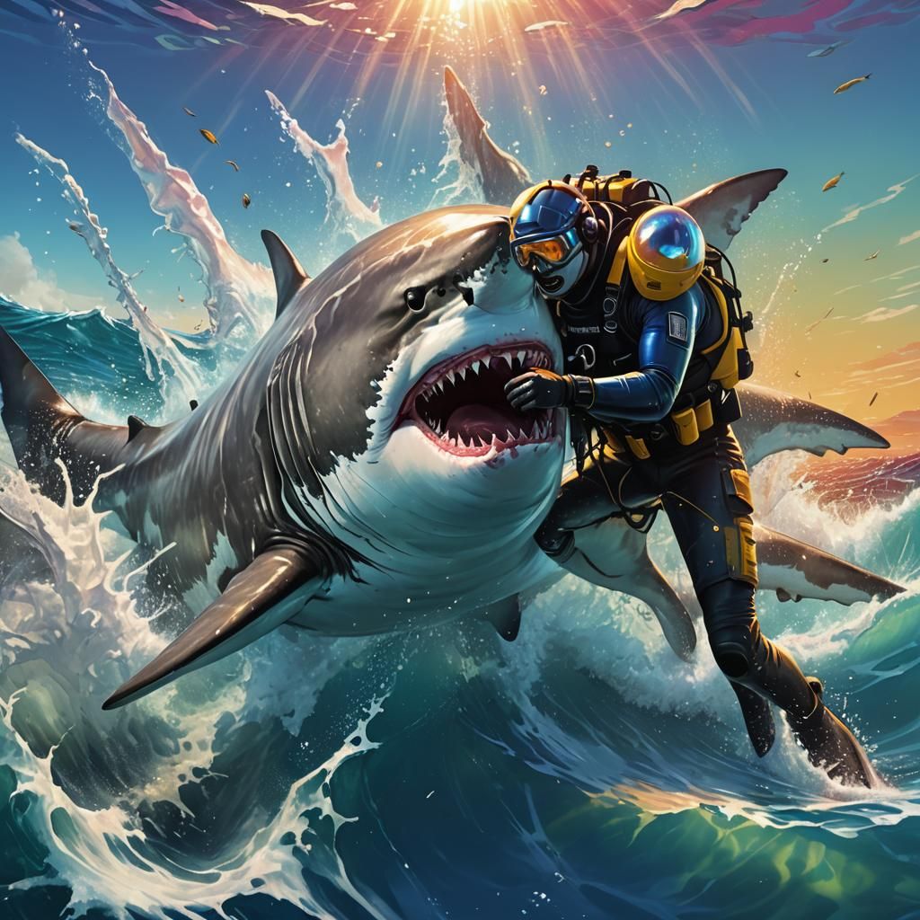 Scuba Diver Rides Great White Shark in Sunlight