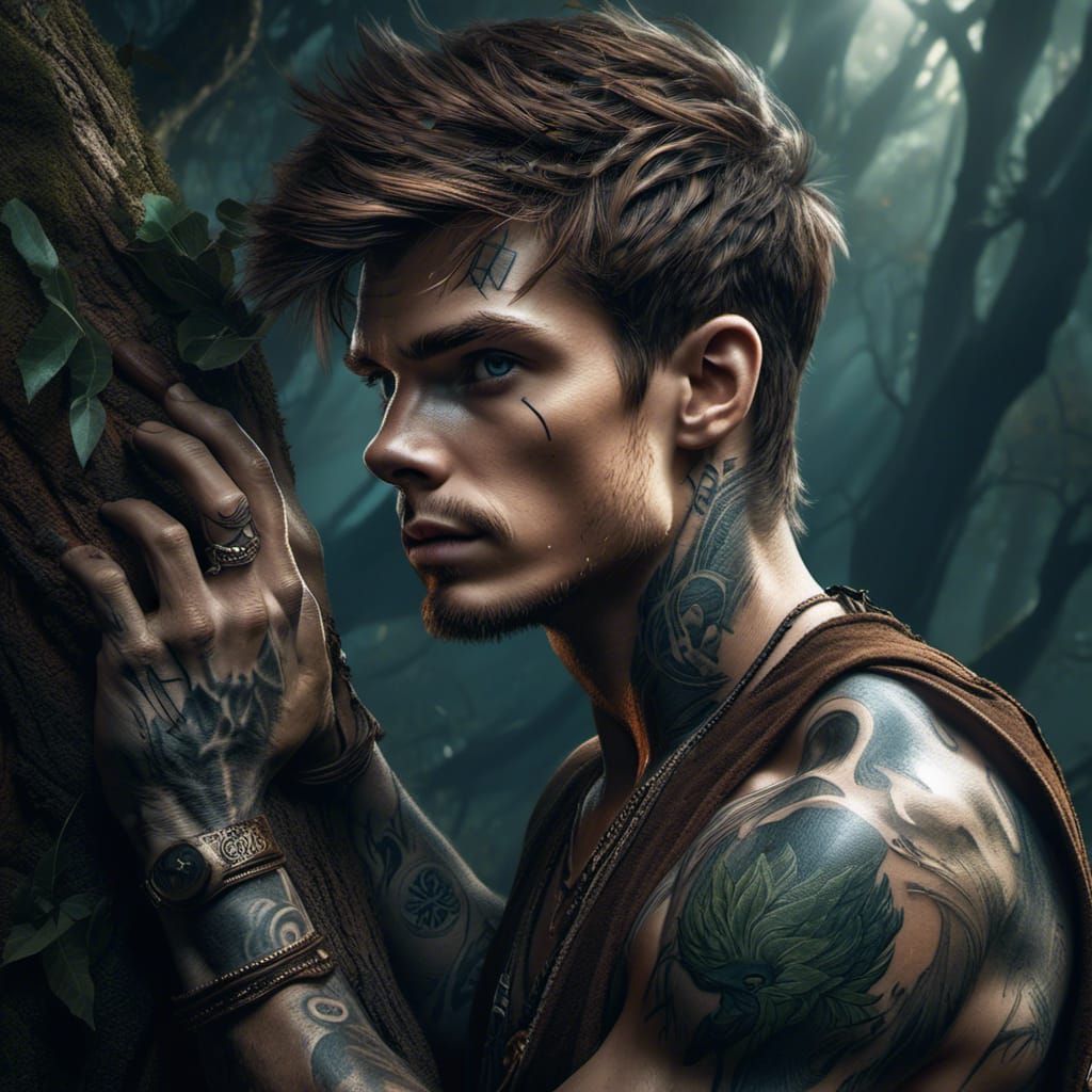 Hyperrealistic Peter Pan Leaning on Oak Tree