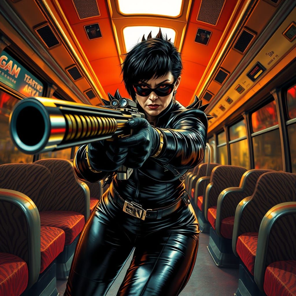 Angry Prison Executrix with Submachine Gun in Bus