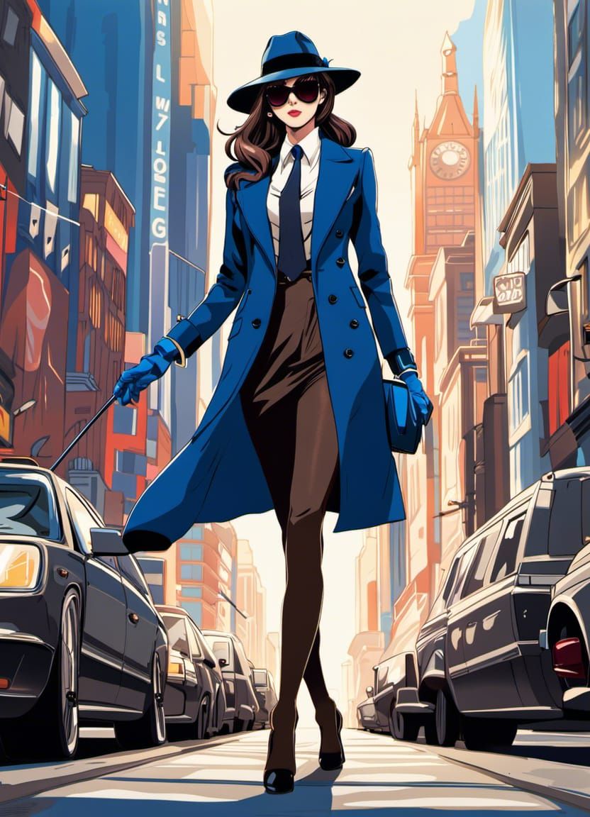 Anime Woman in Blue Suit Walking City Street
