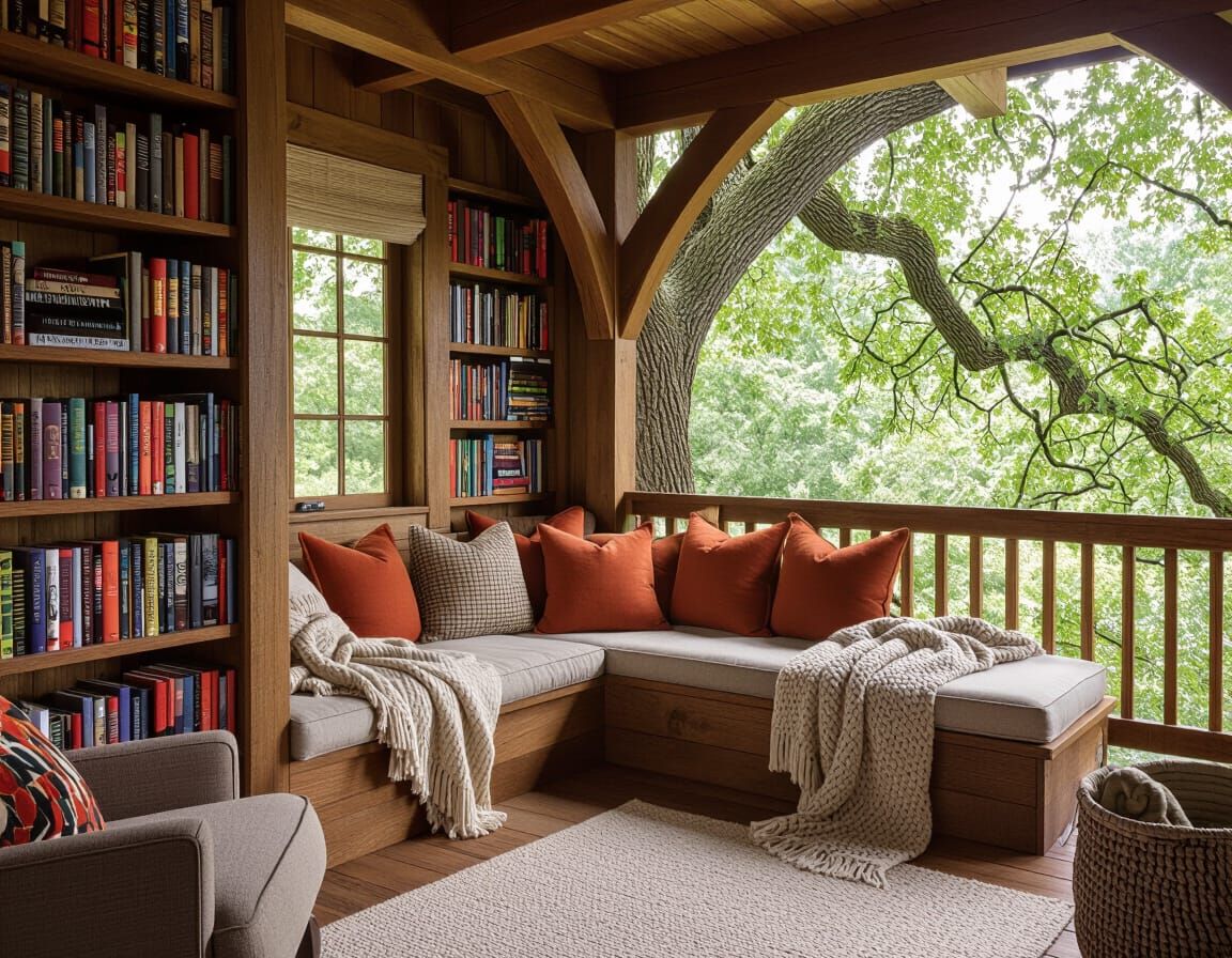 Cozy Treehouse Reading Nook at Sunset