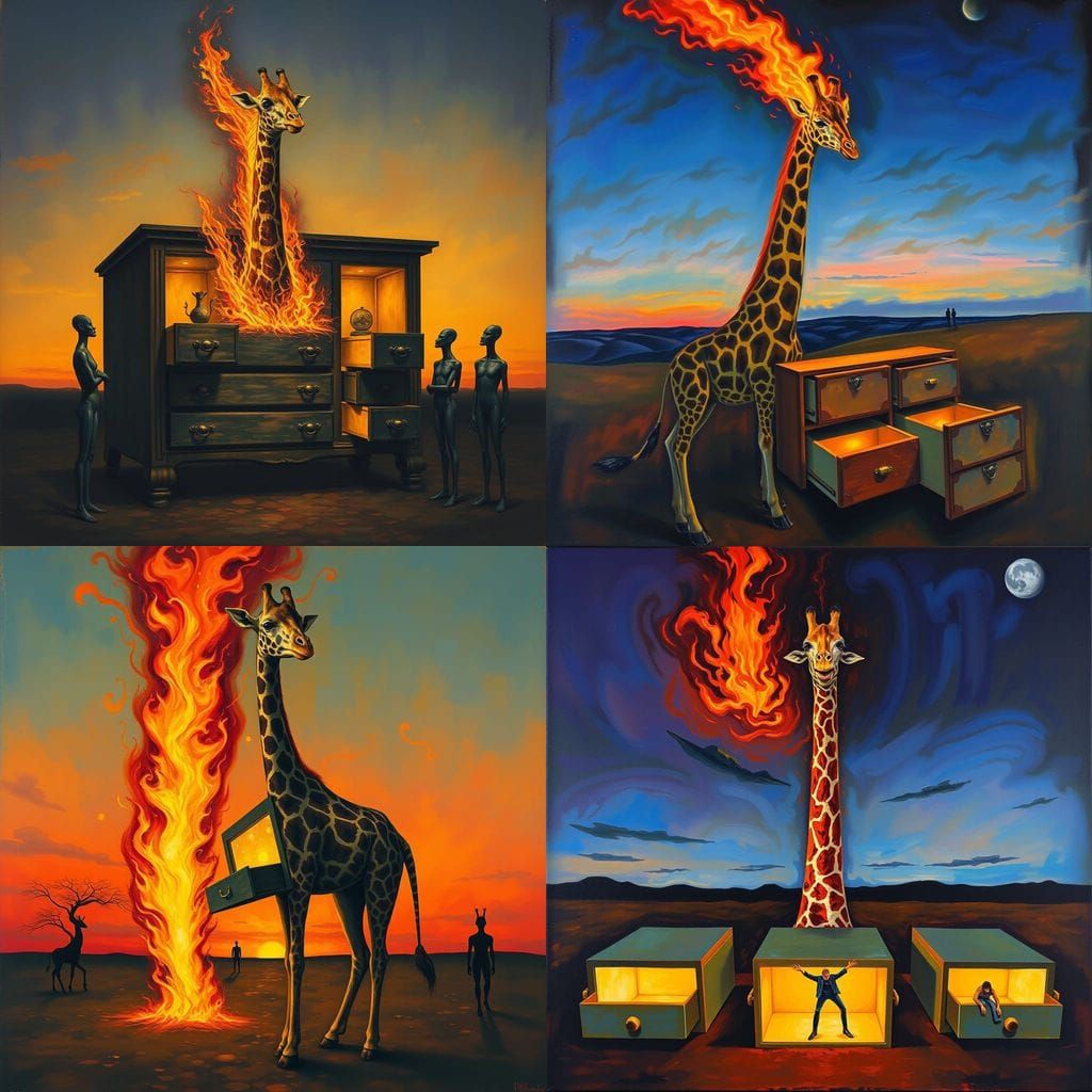 Burning Giraffe Surrealist Oil Painting