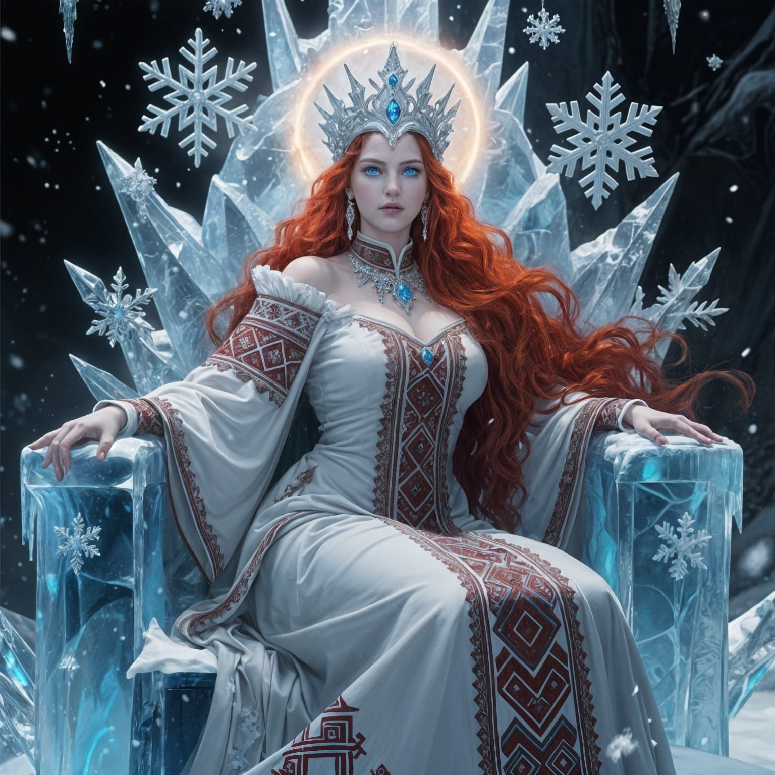 Snow Queen with Fiery Red Hair on Ice Throne