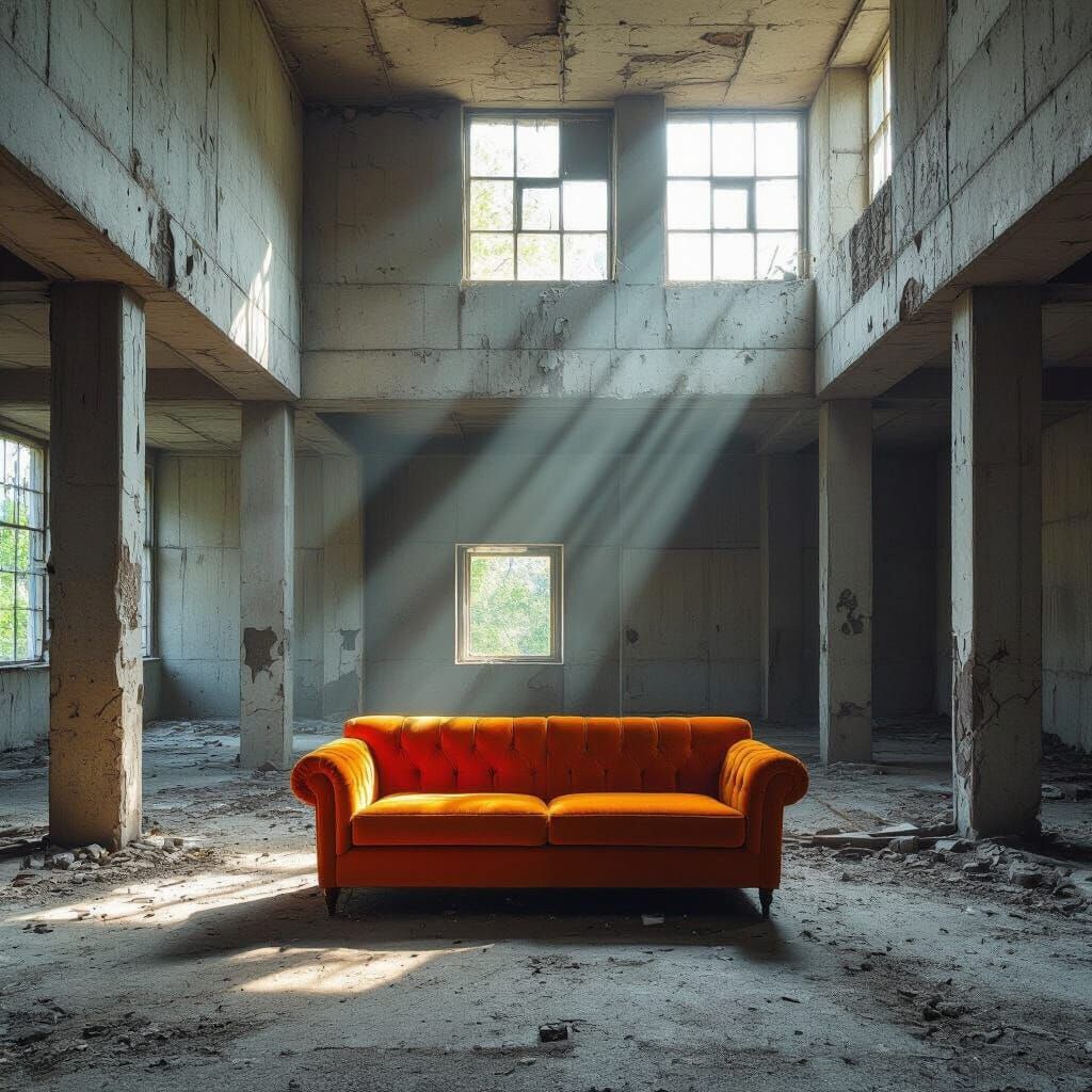 Eerie Concrete Interior With Orange Couch